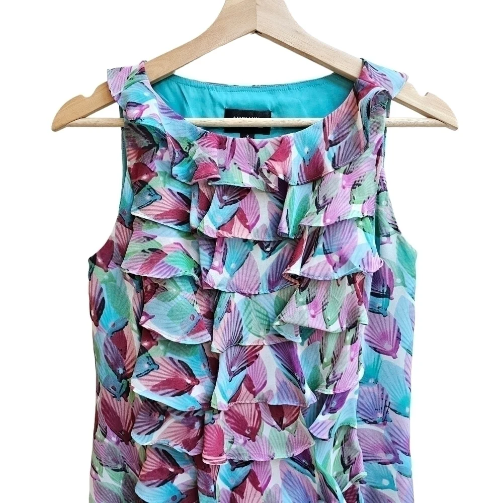 Adrianna Papell Ruffle Watercolor Shell or Leaf Print Dress Teal Purple Size 2